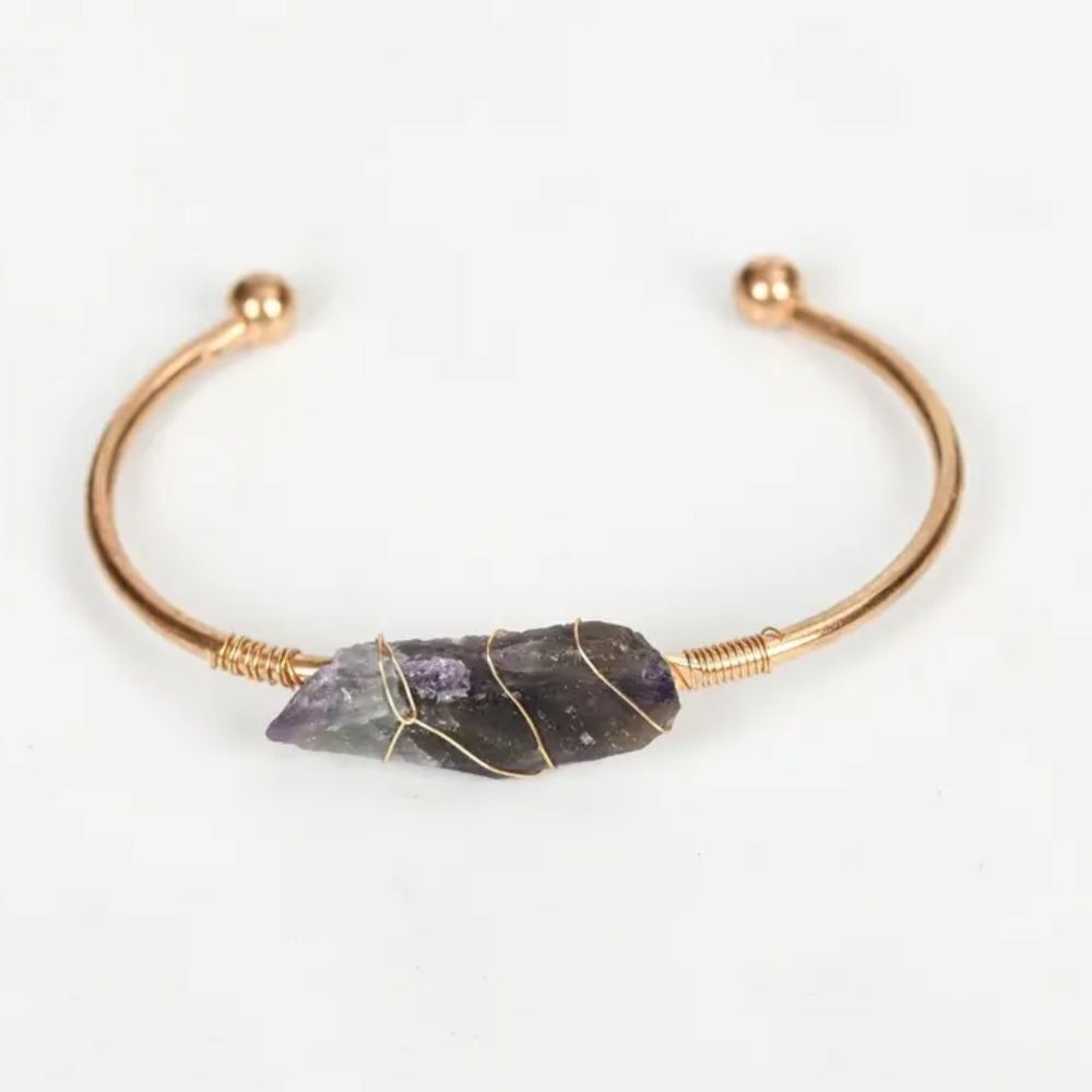 Raw Amethyst Crystal Gold Wire Wrapped Cuff Bracelet